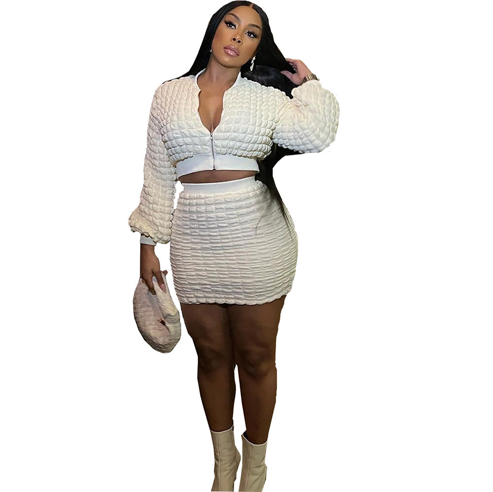 European and american cross-border women's clothing:  new fashion casual slim-fit bubble zipper top and bodycon skirt set