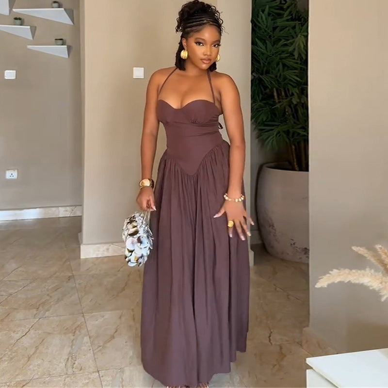 European and american cross-border women's fashion  summer new arrival: elegant ruched bandeau slimming high-waisted brown maxi dress