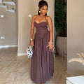 European and american cross-border women's fashion  summer new arrival: elegant ruched bandeau slimming high-waisted brown maxi dress