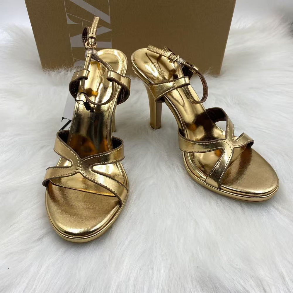 Za2025 new round-toe metal buckle low-cut stiletto heel slip-on elegant european and american style