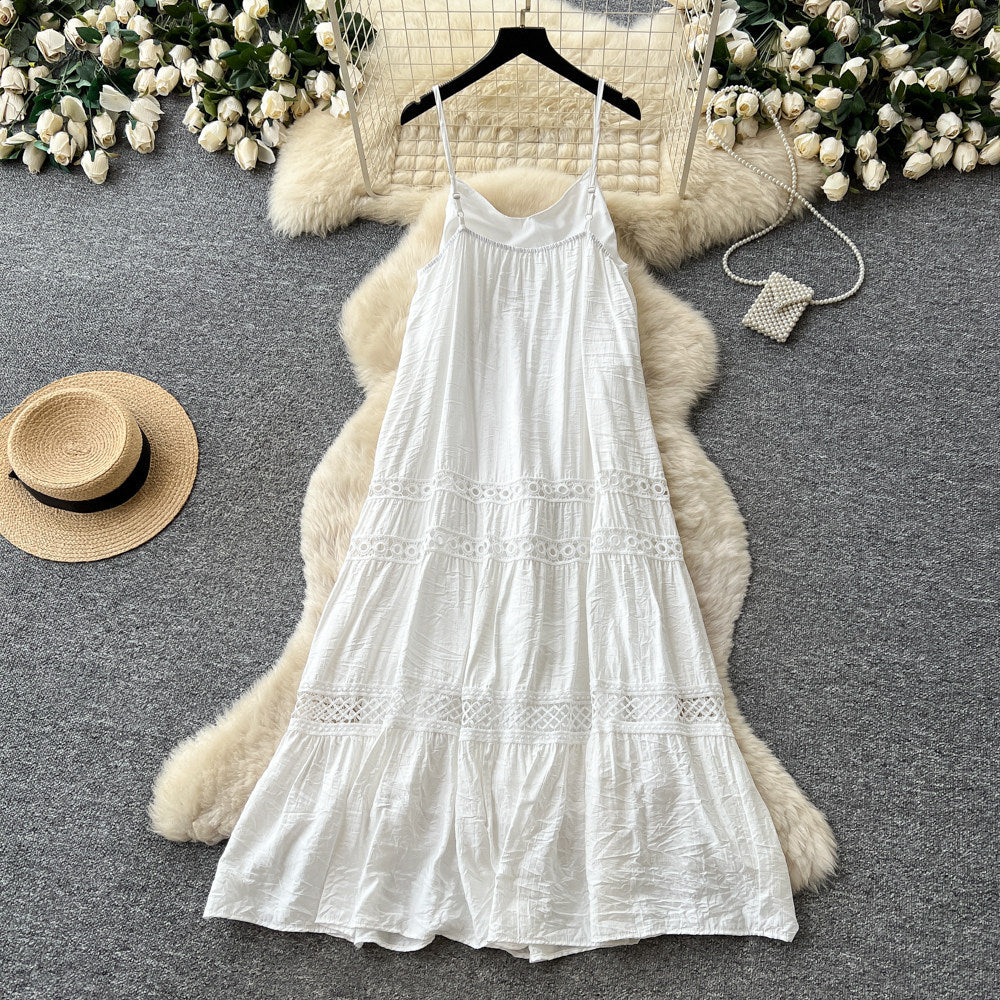 French riviera style white cutout embroidered cami dress - women's summer korean style slimming backless flowy maxi dress