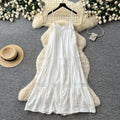 French riviera style white cutout embroidered cami dress - women's summer korean style slimming backless flowy maxi dress