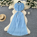 Frenchclassyelegant heavy industry beading round neck short sleeve pleated dress women's summer waist slimming lookelegant long skirt