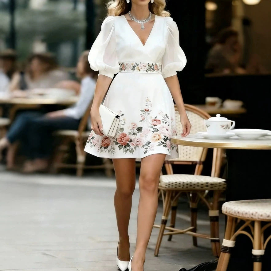 Amazon  european and american cross-border e-commerce women's new v-neck white embroidered french flutter sleeve dress
