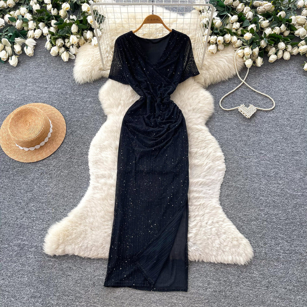 Elegant v-neck tie-waist short-sleeve dress - women's summer korean style slim fit slit maxi dress