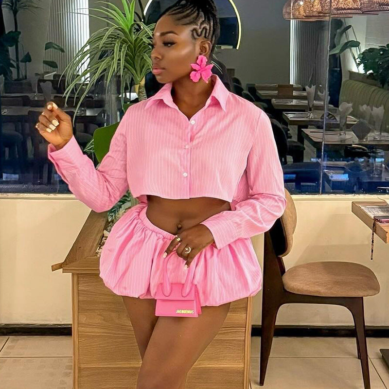 European and american style women's clothing  autumn new collection: sweet and fresh striped turn-down collar short sleeve blouse and high-waisted shorts two-piece set