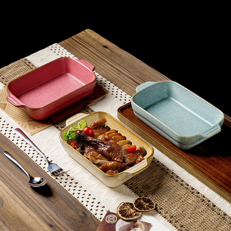 Creative kiln-turned double-ear ceramic baking dish baking tool cheese rice pizza plate pasta plate barbecue rectangular plate