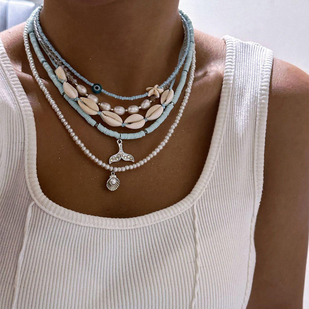 Blue bohemian necklace wholesale - european & american style, perfect for beach, soft clay, pearl & shell, layered necklace