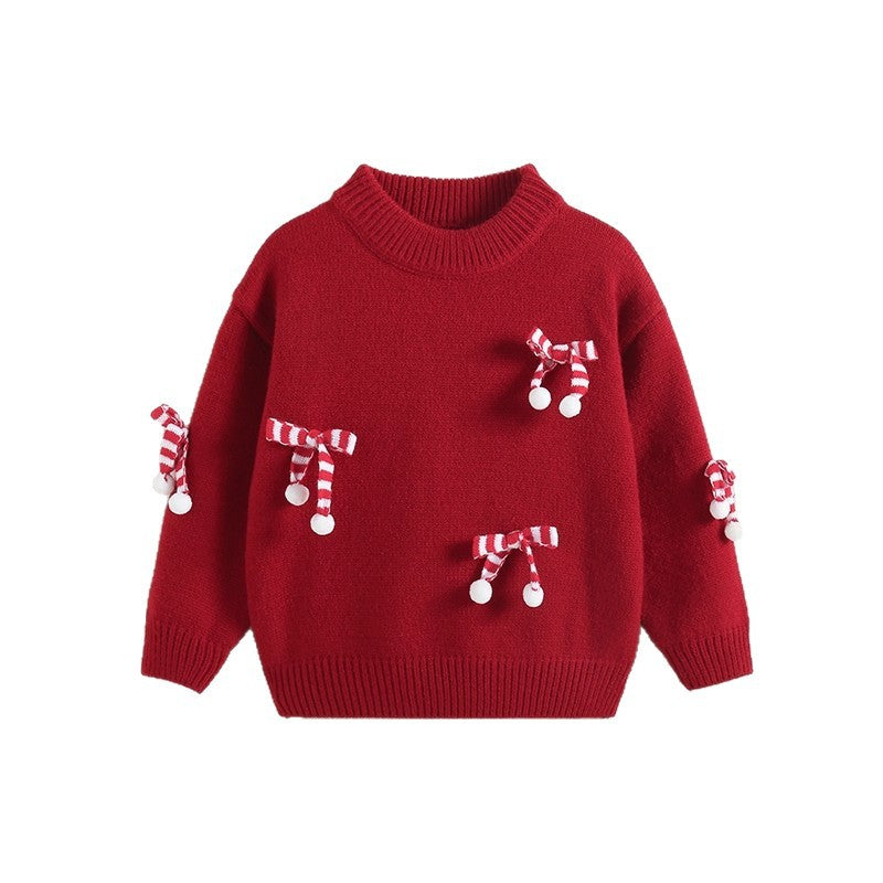 Girls' new year outfit: red sweater, winter knit top, stylish children's sweater,  new year's festive apparel