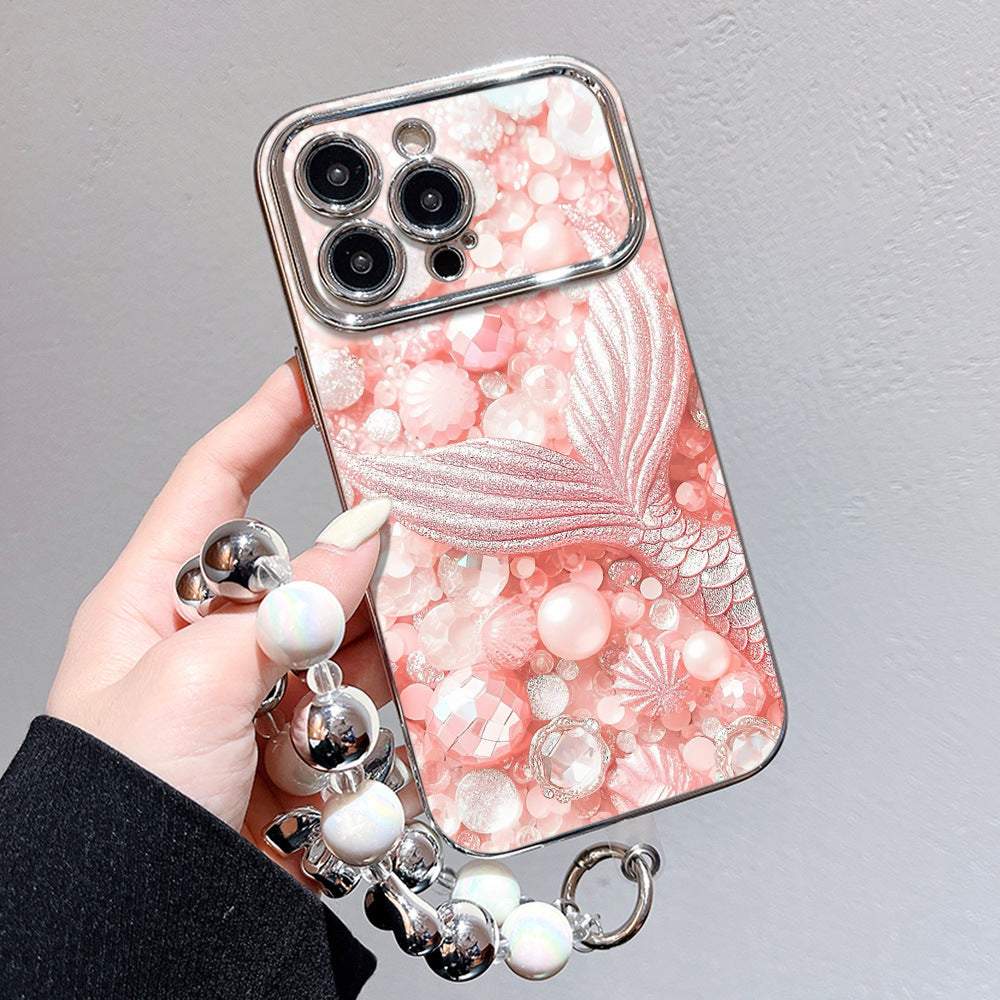 Suitable for iphone16 pink mermaid tail mobile phone case apple 17 girly heart anti-fall electroplated large window soft case