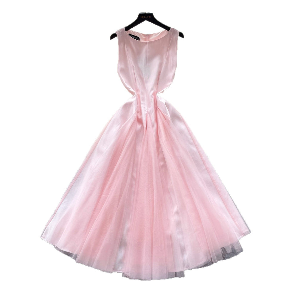 French sleeveless a-line round neck dress women's summer french pink high waist slimming look large swing skirtelegant