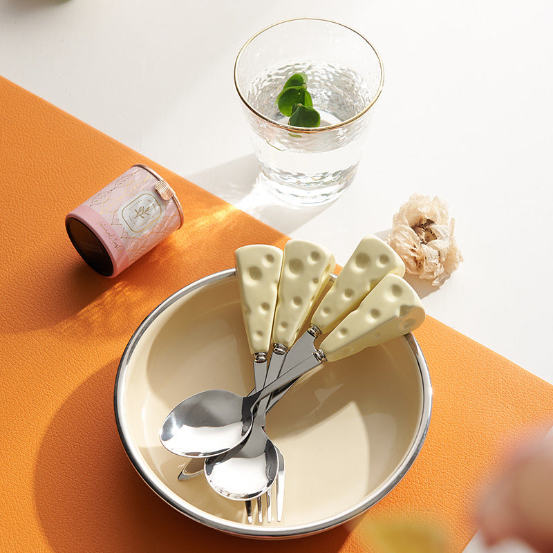 Platform carefully selected creative ceramic cheese handle knife, fork and spoon, high-looking kids stainless steel fork and spoon, western food knife wholesale
