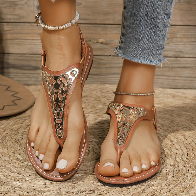 export women's flat flip-flop sandals with metal decorations - new summer casual elastic band beach sandals