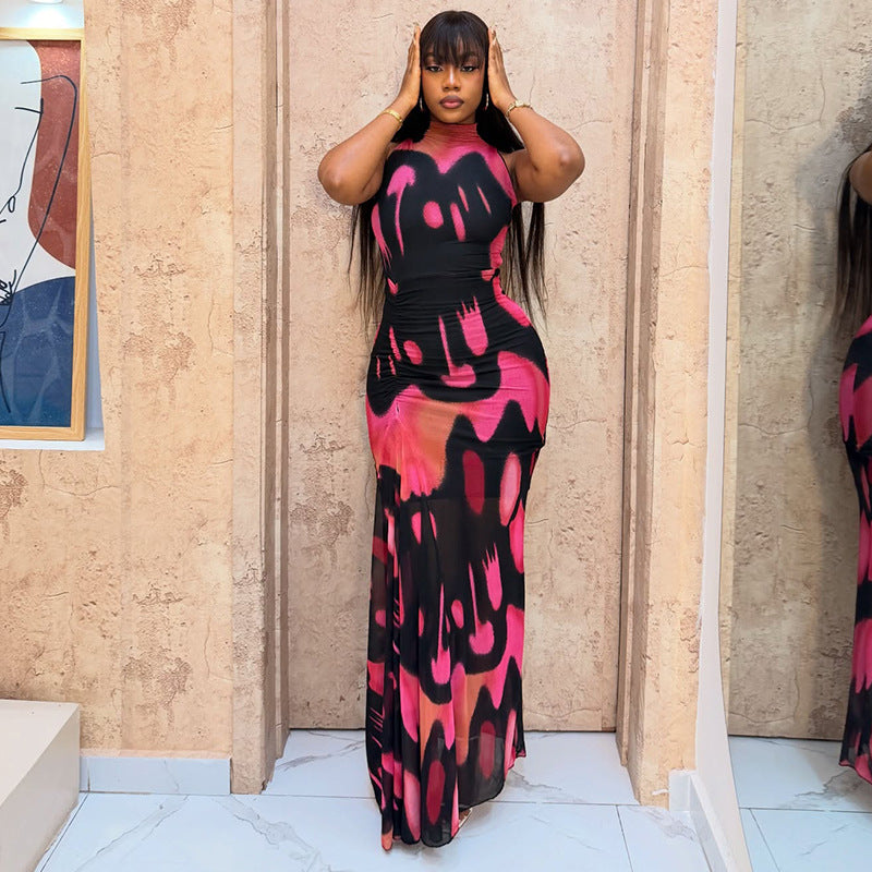 European and american style cross-border women's fashion hollow-out waist print elegant design bodycon dress color block high neck sleeveless maxi dress