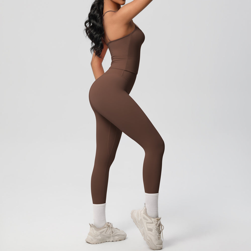 Ready-to-ship, solid color, nude-feel, double-sided brushed, racerback, form-fitting activewear yoga set – perfect for running and fitness. two-piece set