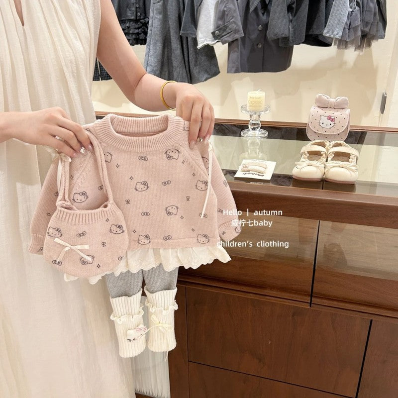 Girls' outfit:  autumn new korean style all-over print hello kitty pullover cartoon sweater butterfly knit two-piece set