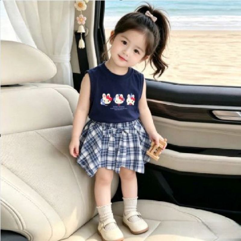 【dropshipping】summer  tank top set - sleeveless new girls' summer outfit with stylish printed cartoon mini skirt