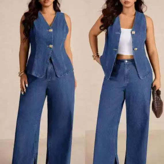 Fashionable and chic button-up sleeveless vest and wide-leg jeans denim set for women - perfect for cross-border e-commerce on  and