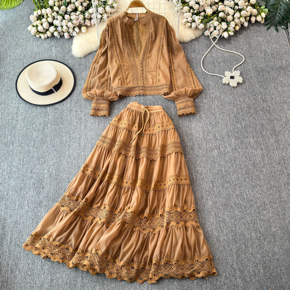 autumn socialite style lantern sleeve long-sleeve hollow-out lace patchwork blouse + a-line midi skirt set dress for women