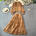 autumn socialite style lantern sleeve long-sleeve hollow-out lace patchwork blouse + a-line midi skirt set dress for women