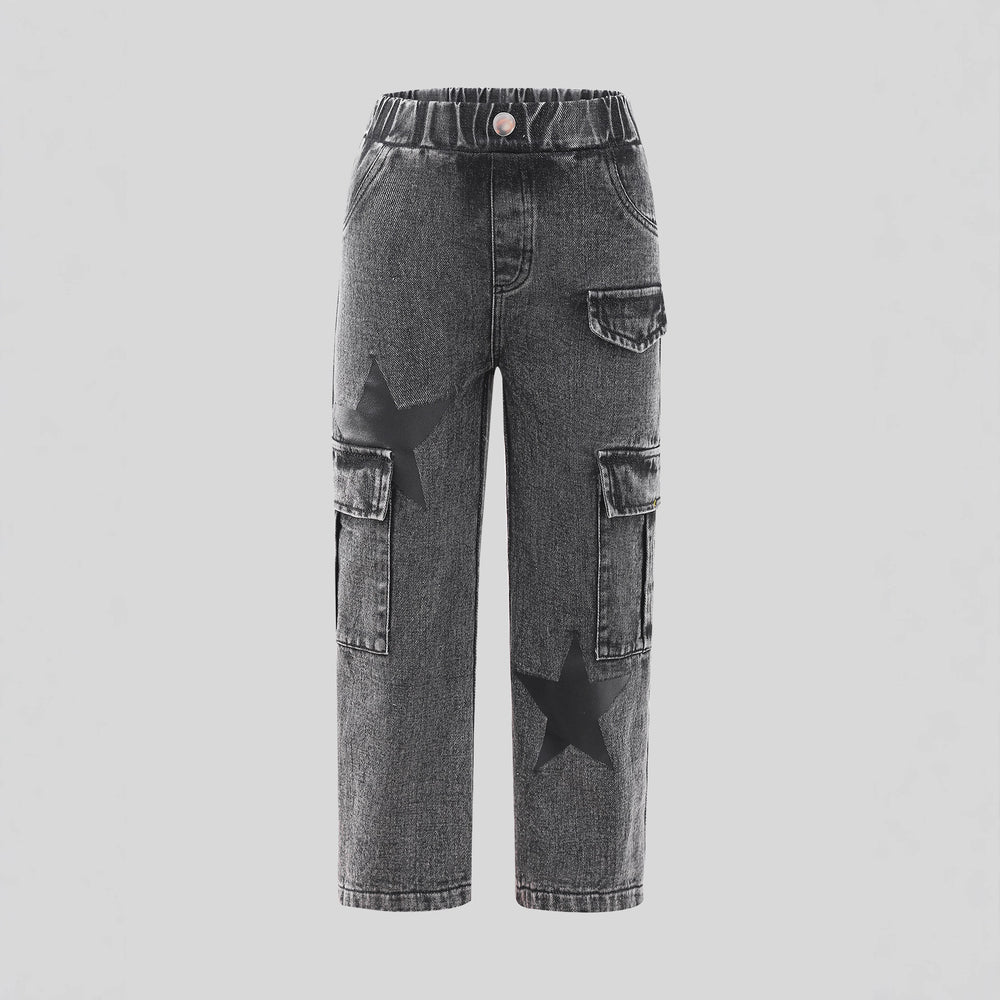 kidsjeansfashion style star printing large flap pocket pants gray girl loose pants cool children's clothing pants