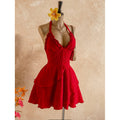 Women's summer fashion casual solid color halter backless asymmetrical hem mini dress (waist chain not included)