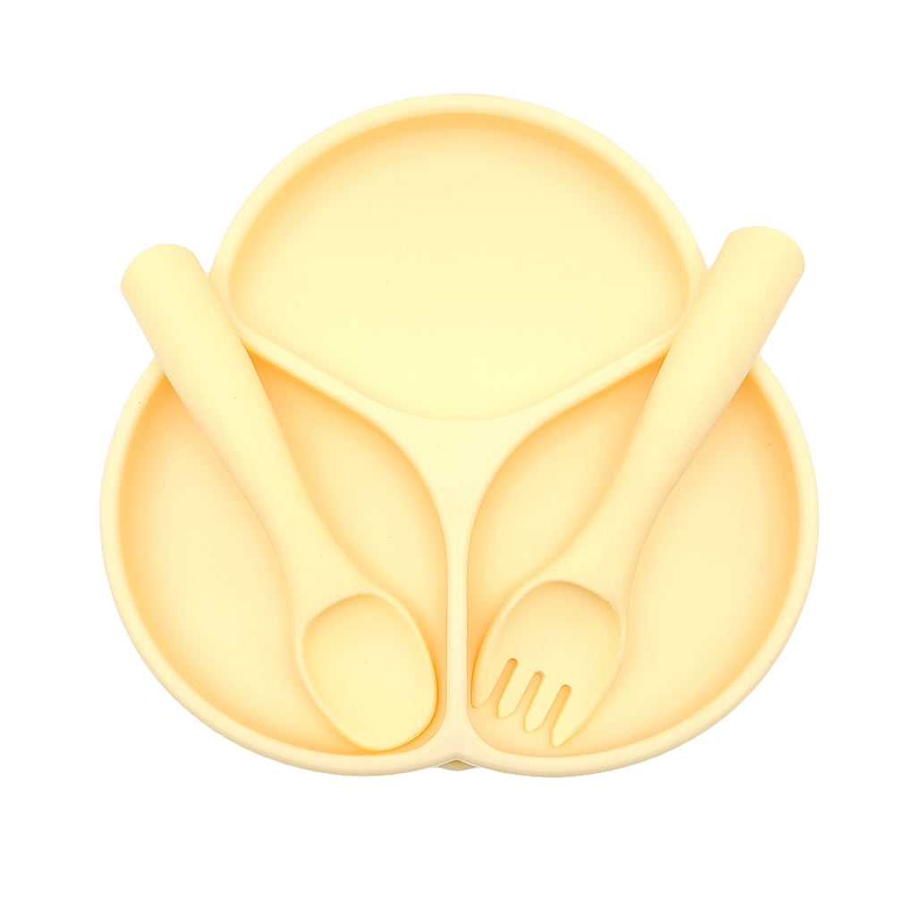Food-grade silicone fork and spoon set, simple flower three-grid plate, non-slip silicone fork and spoon plate two-piece set