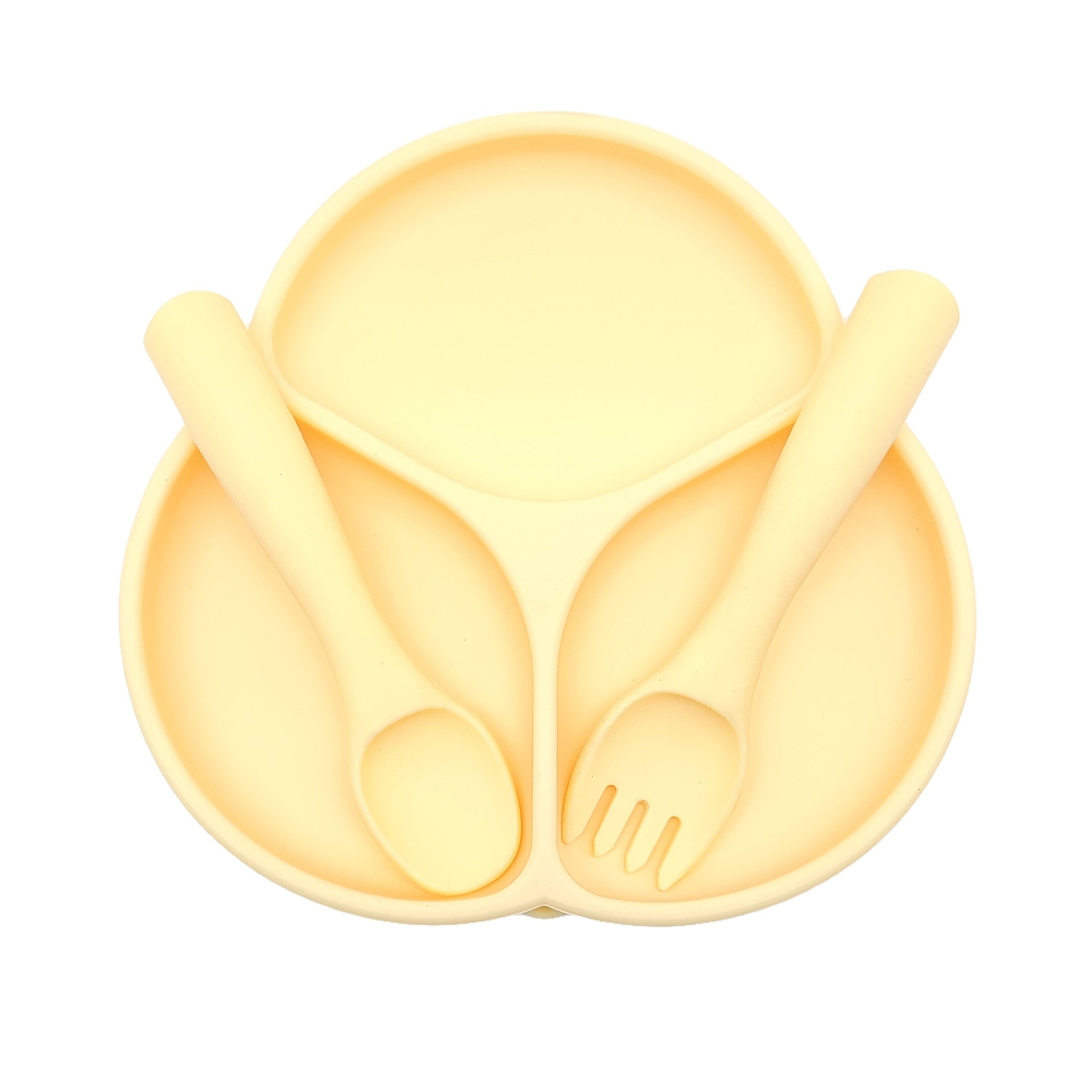 Food-grade silicone fork and spoon set, simple flower three-grid plate, non-slip silicone fork and spoon plate two-piece set