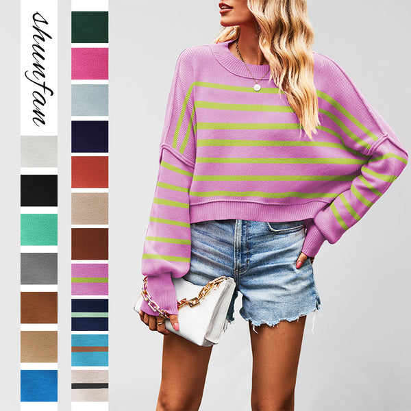 New 2025  autumn and winter  European and American women's clothing solid color fashion crew neck knitted sweater loose pullover sweater