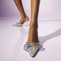 Slip-on laser bow rhinestone high-heeled slippers, stiletto heel, pointed toe, half-slippers, outwearfashion style new arrival