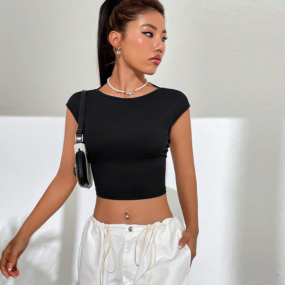 spring/summer new arrivals:  cross-border women's fashion - european and american sexy t-shirt, open back, sweet & spicy, beautiful back, short sleeve top