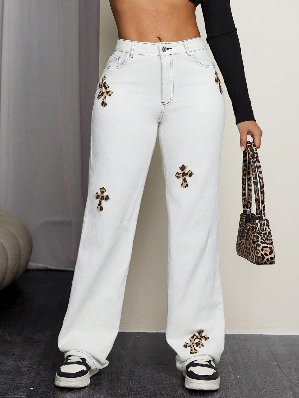 Pre-sale-65723# cross-border foreign trade women's fashion ins straight-leg casual leopard print cross jeans
