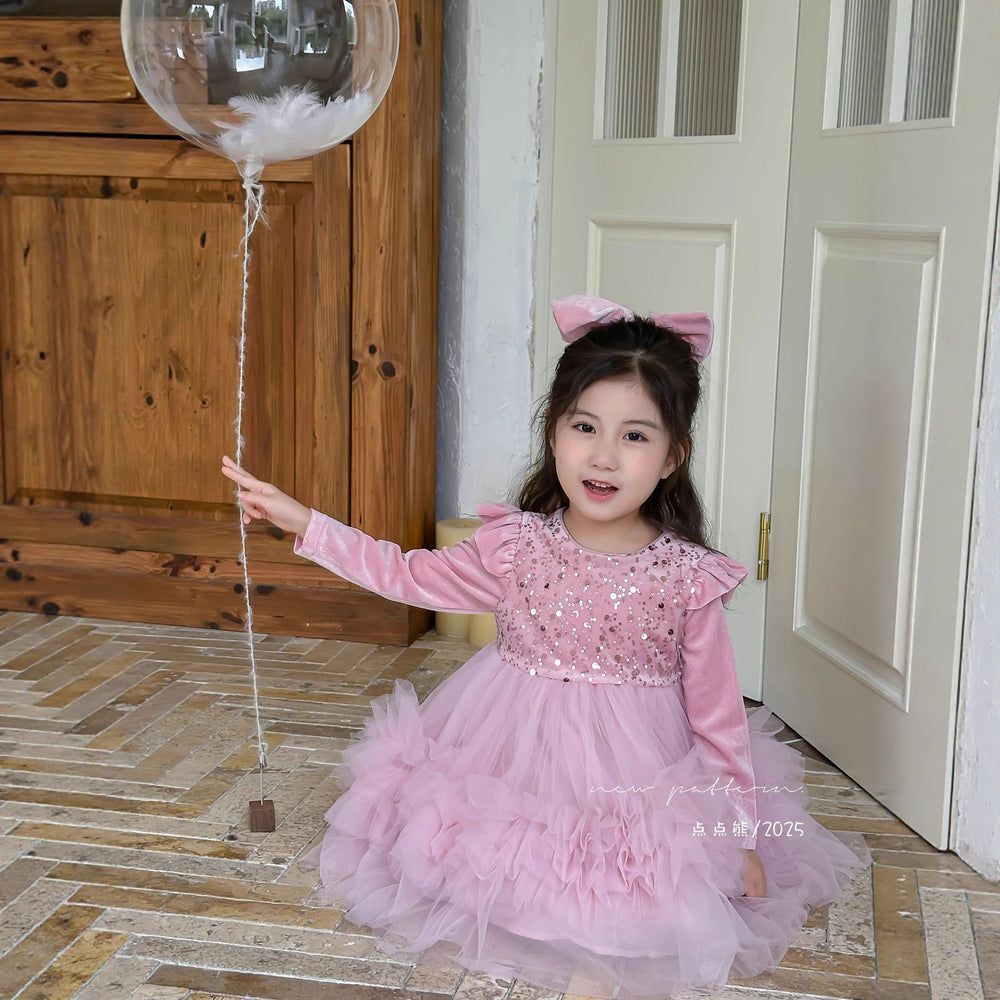 Girls' autumn dress new arrivals : stylish and cute puff sleeve sequin mesh tiered cake dress for little girls