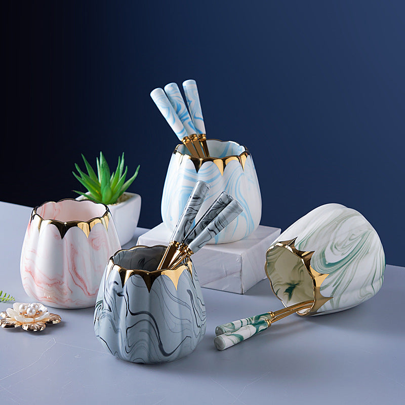 Nordic stainless steel fruit fork spoon ceramic storage jar set marble fruit fork household cutlery spoon dropshipping