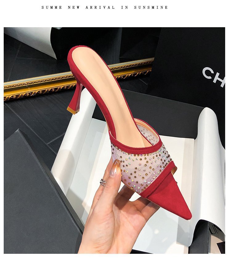 跨境大码尖头水钻时尚高跟凉拖鞋2025夏季新款增高外穿露趾女鞋