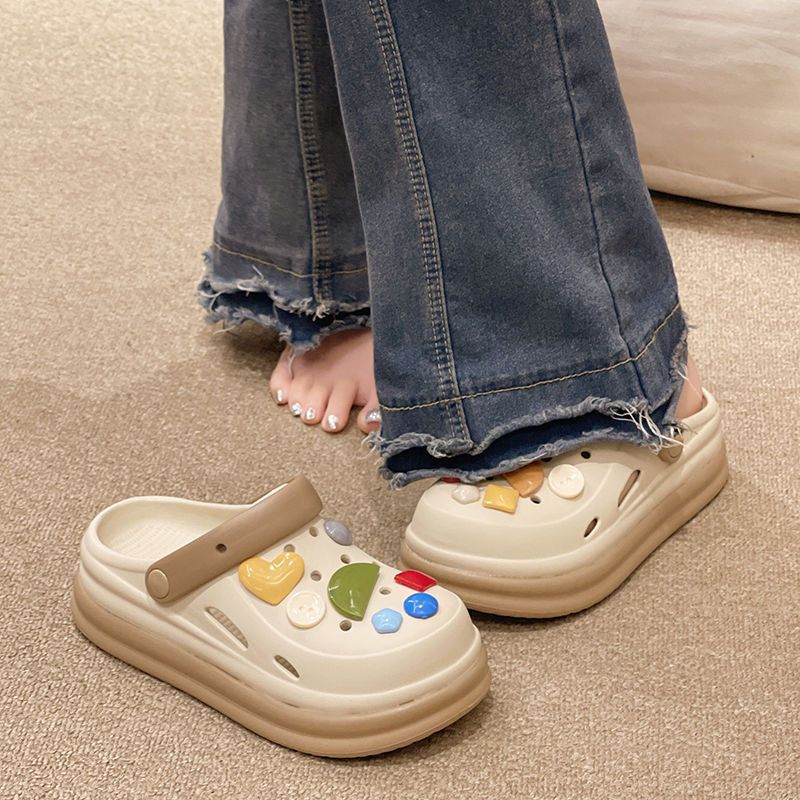Cartoon cute crocs women's summer student indoor and outdoor wear shit-feeling thick soleheight-increasing non-slip toe cap sandals