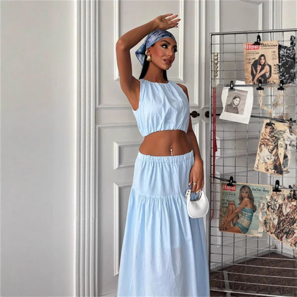 European and American women's clothing new 2025 summer dress solid color sexy round neck waist pleated suspender big swing skirt set