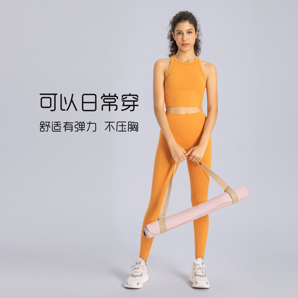 High-stretch yoga tank top for women, featuring built-in bra pads, anti-slip design, shockproof sports bra, high neckline, and side support to minimize underarm bulge. model et001