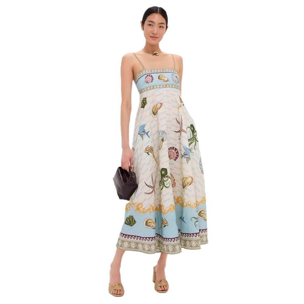 cross-border  women's new elegant high-waisted cotton linen printed camisole casual fashion dress
