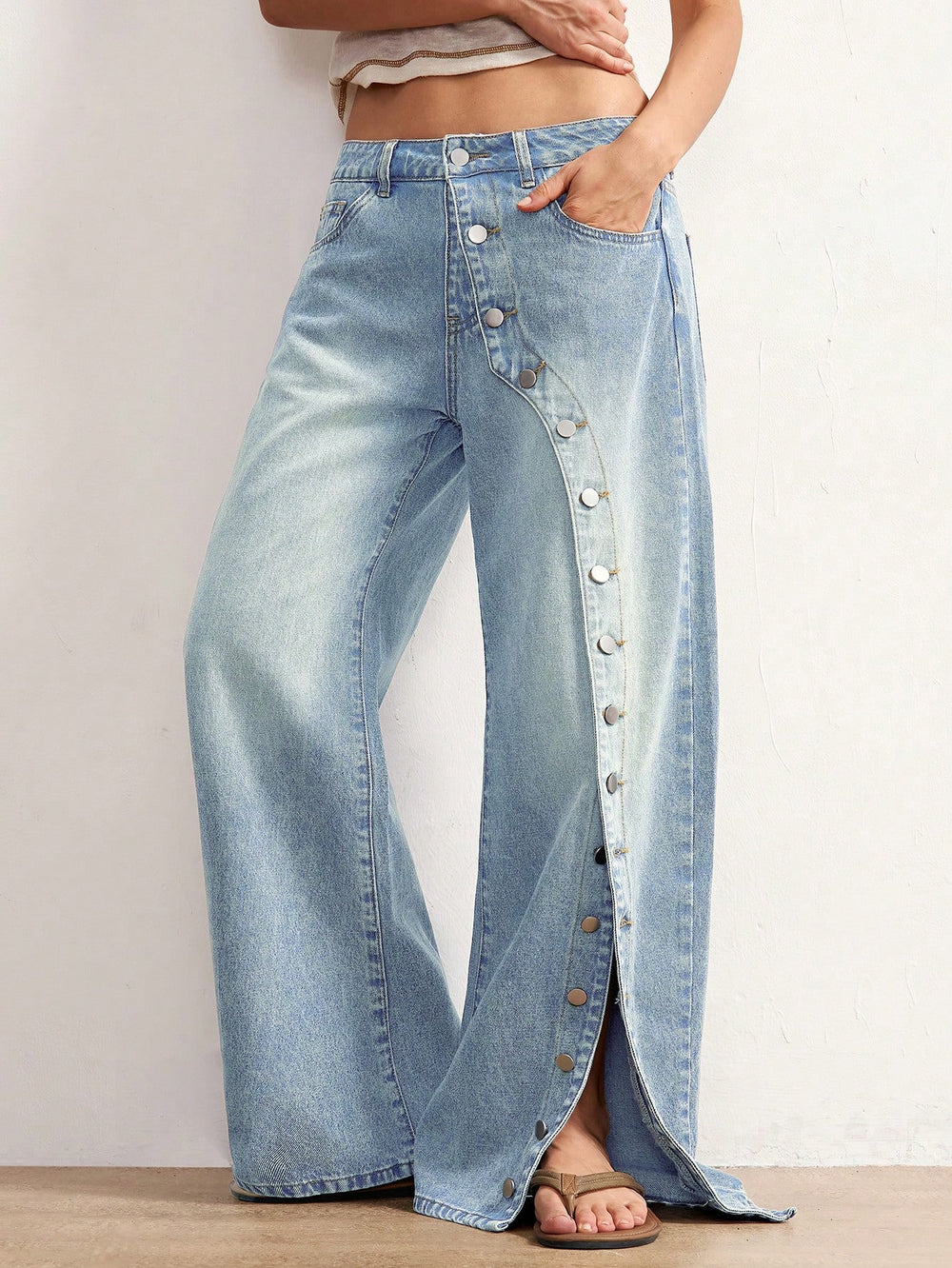 Fashionjeans women's team button slit loose jeans retro washed detachable buttons draped mop pants
