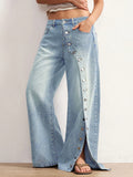 Fashionjeans women's team button slit loose jeans retro washed detachable buttons draped mop pants