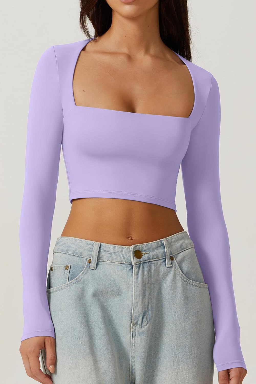 european and american autumn women's slim-fit cropped top: solid color square neck base layer, gentle long-sleeve square neck short top