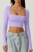 european and american autumn women's slim-fit cropped top: solid color square neck base layer, gentle long-sleeve square neck short top