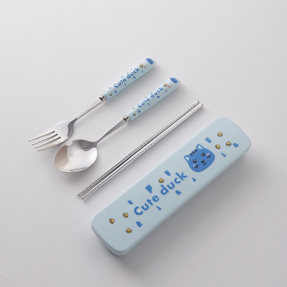 Cute stainless steel cutlery set with stylish ceramic handles - portable student dinnerware, kids' chopsticks and spoon set