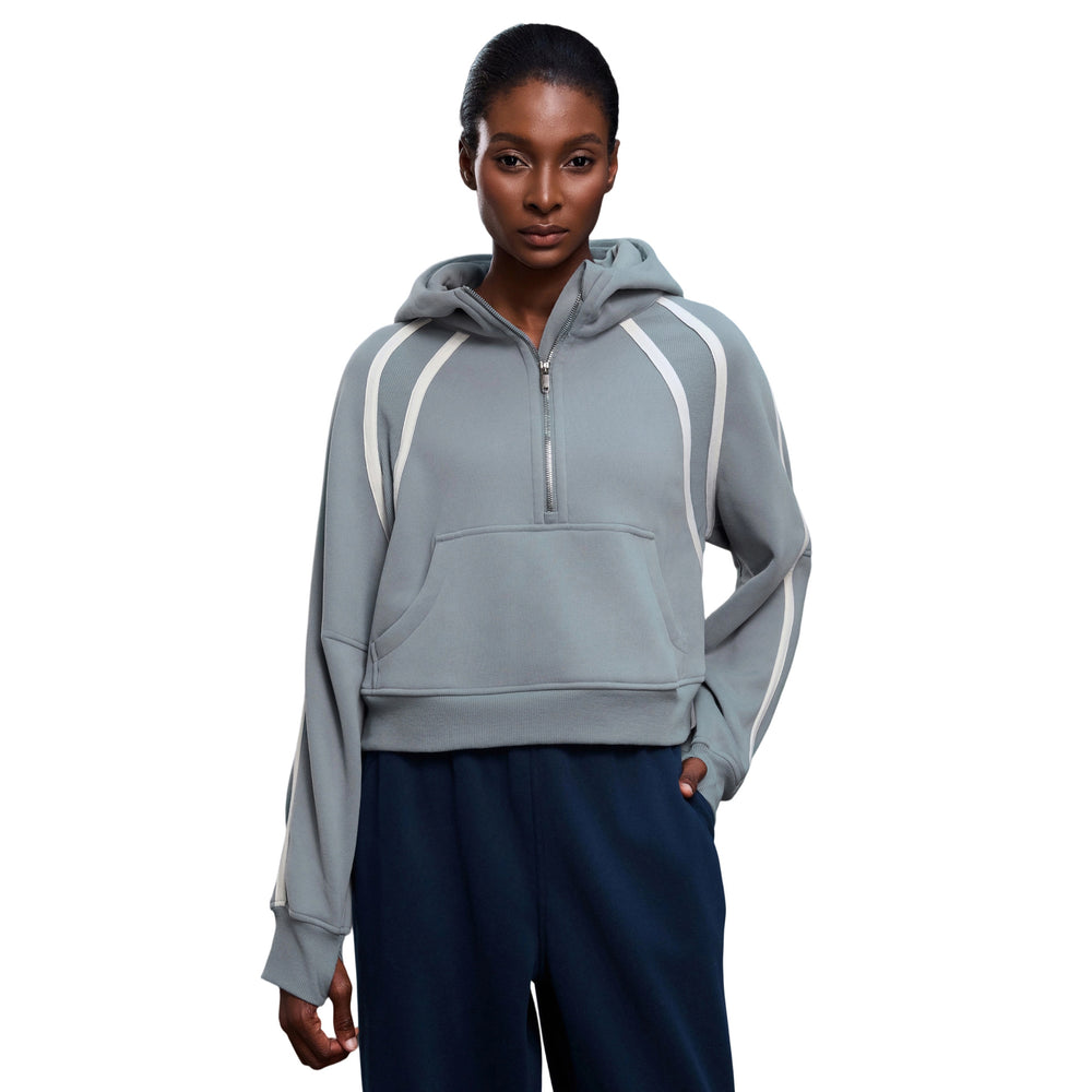 High collar half-zip hooded sweatshirt women's fleece-linedloosecontrast color sports topseasiest for matchcasualoutweard25159
