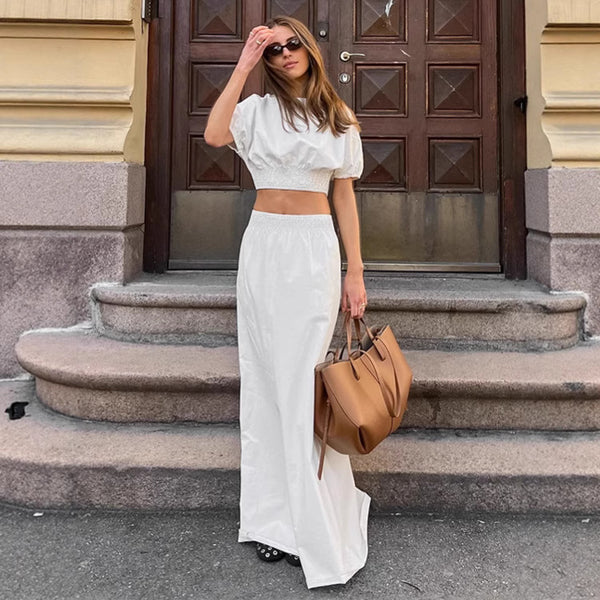 European and American simple temperament white short-sleeved top long skirt two sets women's 2025 autumn ins skirt set women's clothing