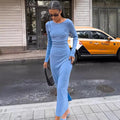 European and american cross-border women's fashion:  autumn new arrival - solid color long sleeve crew neck ribbed slim-fit slit maxi dress