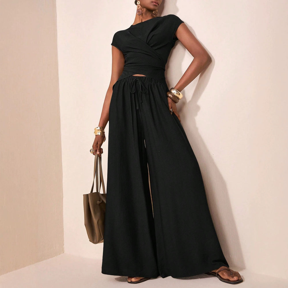 Amazon independent station  cross-border women's cross wrap asymmetrical design tops high waistloose pants