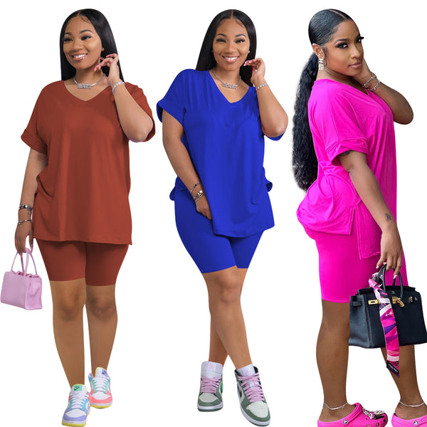 YD8597 European and American women's clothing, 's new models, solid color split-ended casual shorts two-piece set,  women's clothing