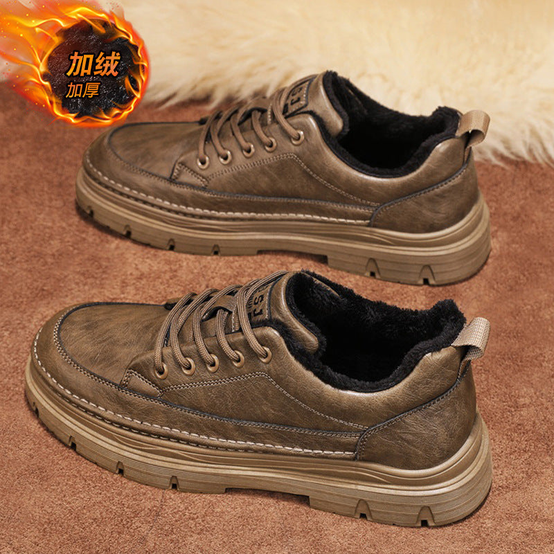 Men's winter new arrivals: versatile casual leather shoes with fleece lining for warmth. trendy british style business anti-slip work shoes